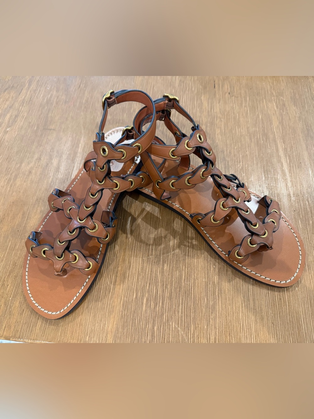 Coach Tan Leather Grommet Gladiator Sandals with Gold Hardware
